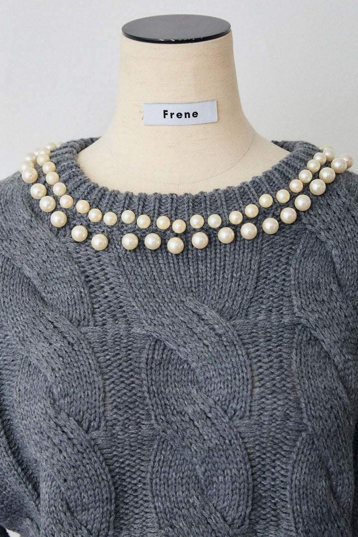 [予約]ネックパールケーブル編みニット