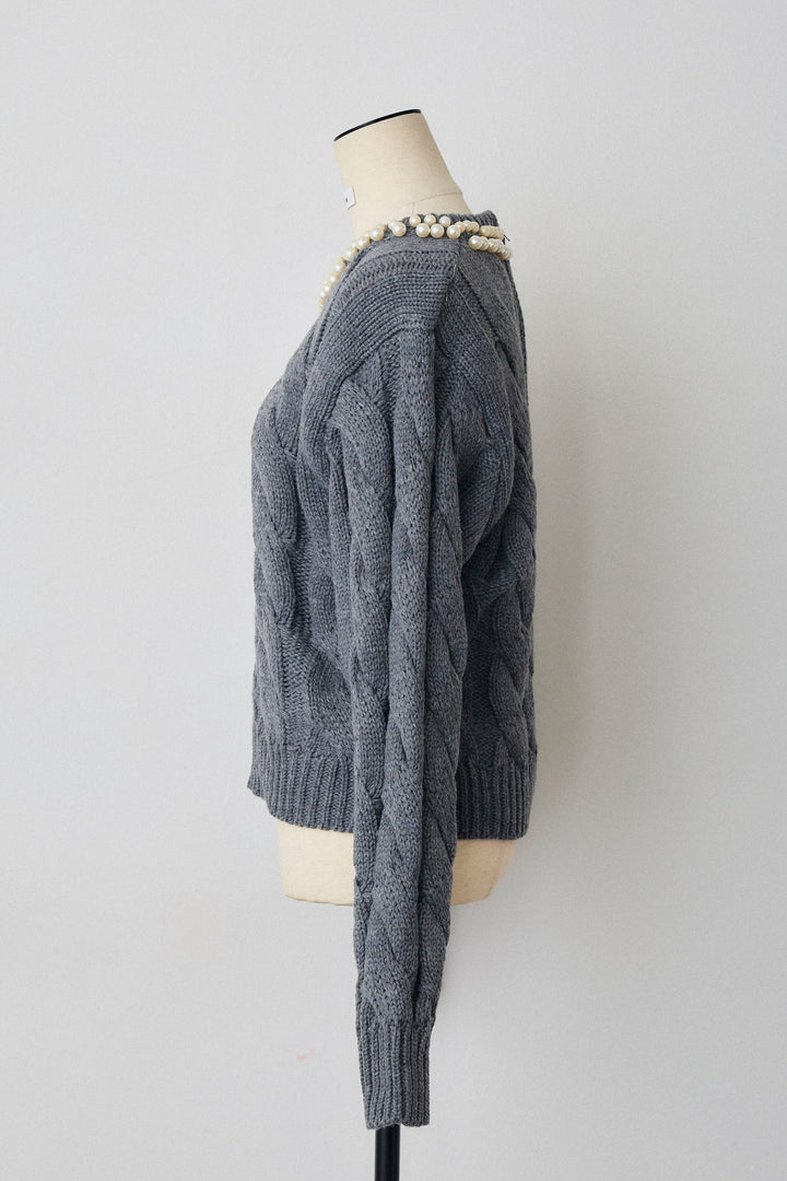 [予約]ネックパールケーブル編みニット