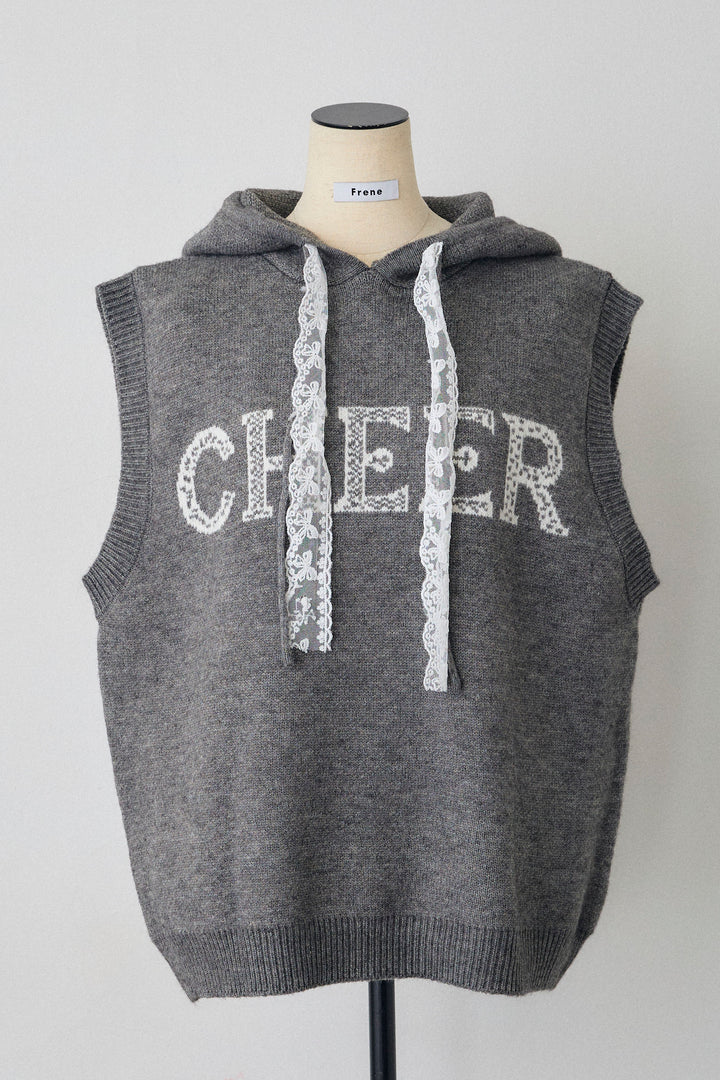 [予約]レースリボンロゴフードスリーブレスニット