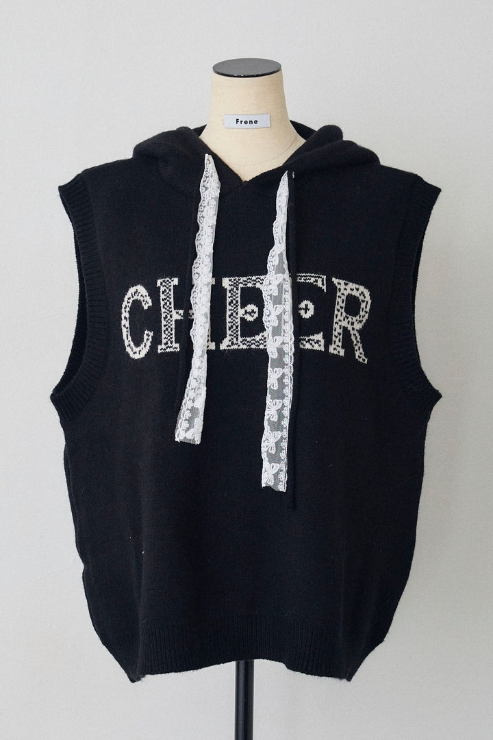 [予約]レースリボンロゴフードスリーブレスニット