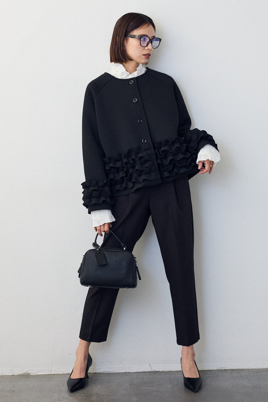 [予約/SET]ローズモチーフフリルカラーシャツ+フリルティアードボンディングクロップドコート(2set)