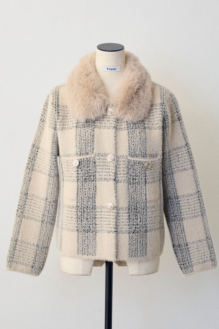[予約]チェック柄ファー襟コーディガン