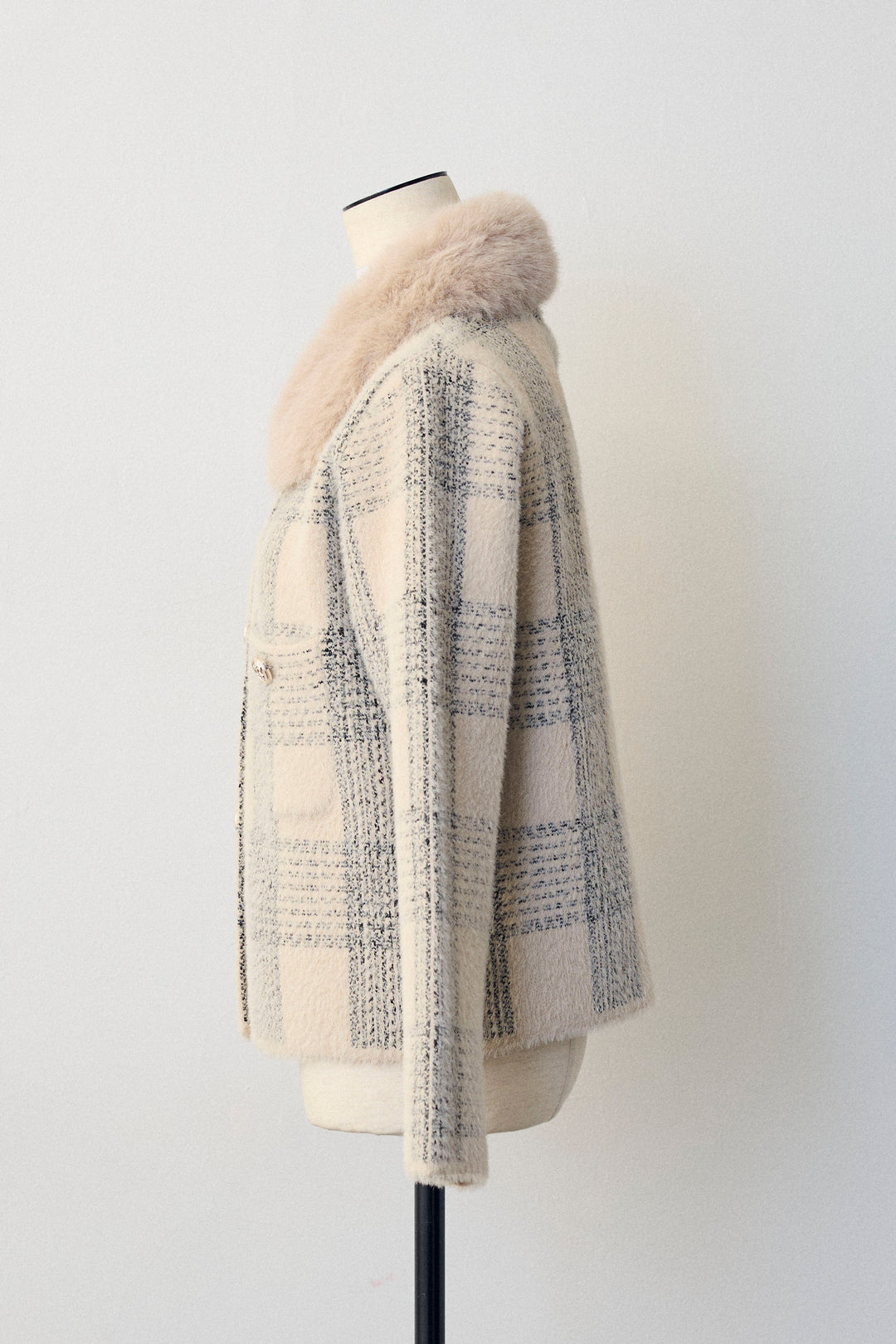 [予約]チェック柄ファー襟コーディガン