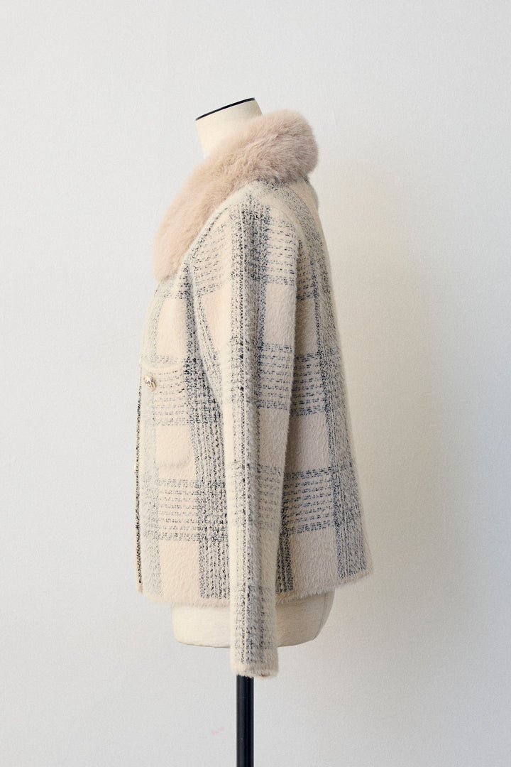 [予約]チェック柄ファー襟コーディガン