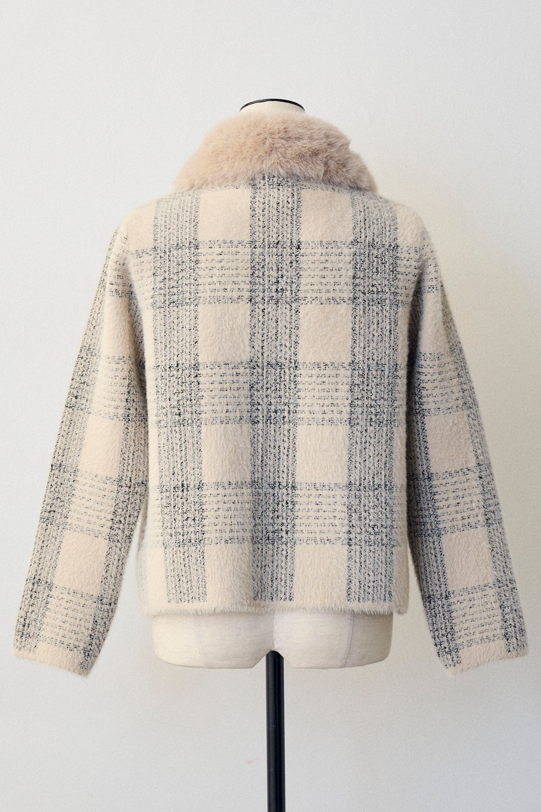 [予約]チェック柄ファー襟コーディガン