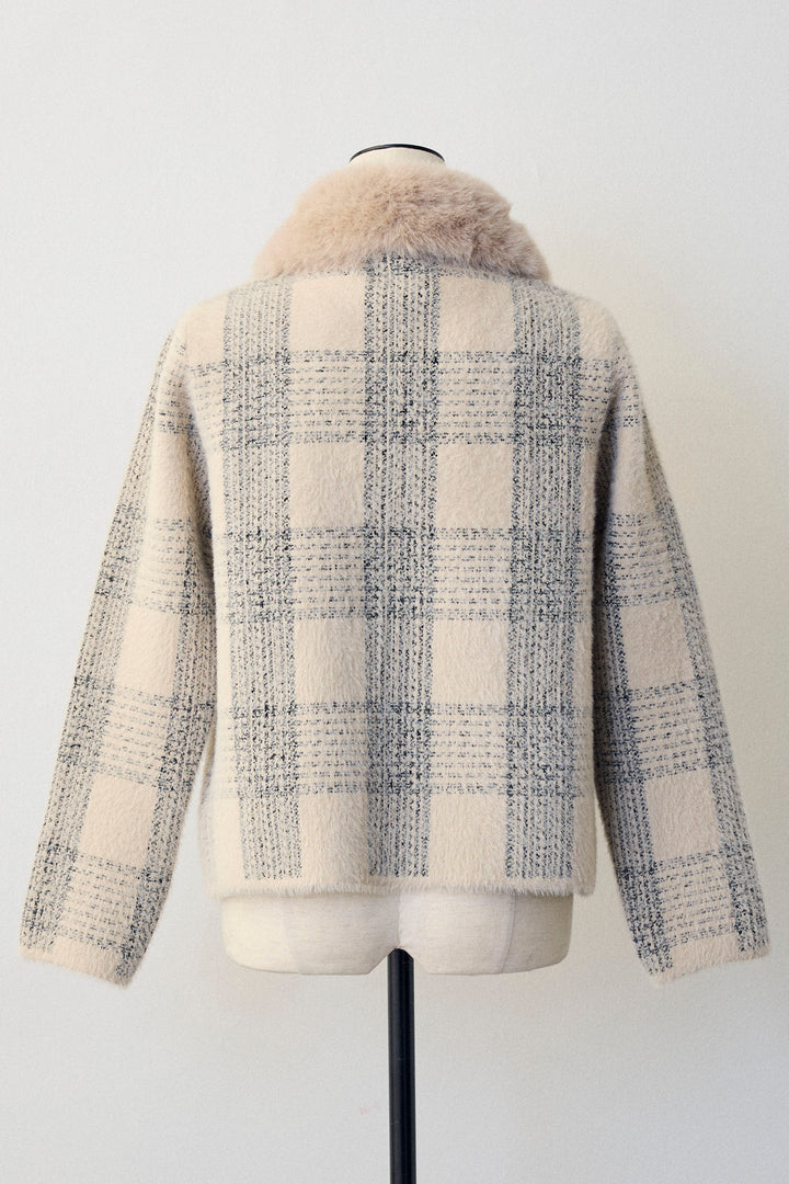 [予約]チェック柄ファー襟コーディガン
