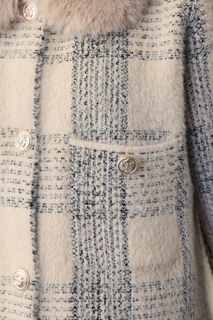 [予約]チェック柄ファー襟コーディガン