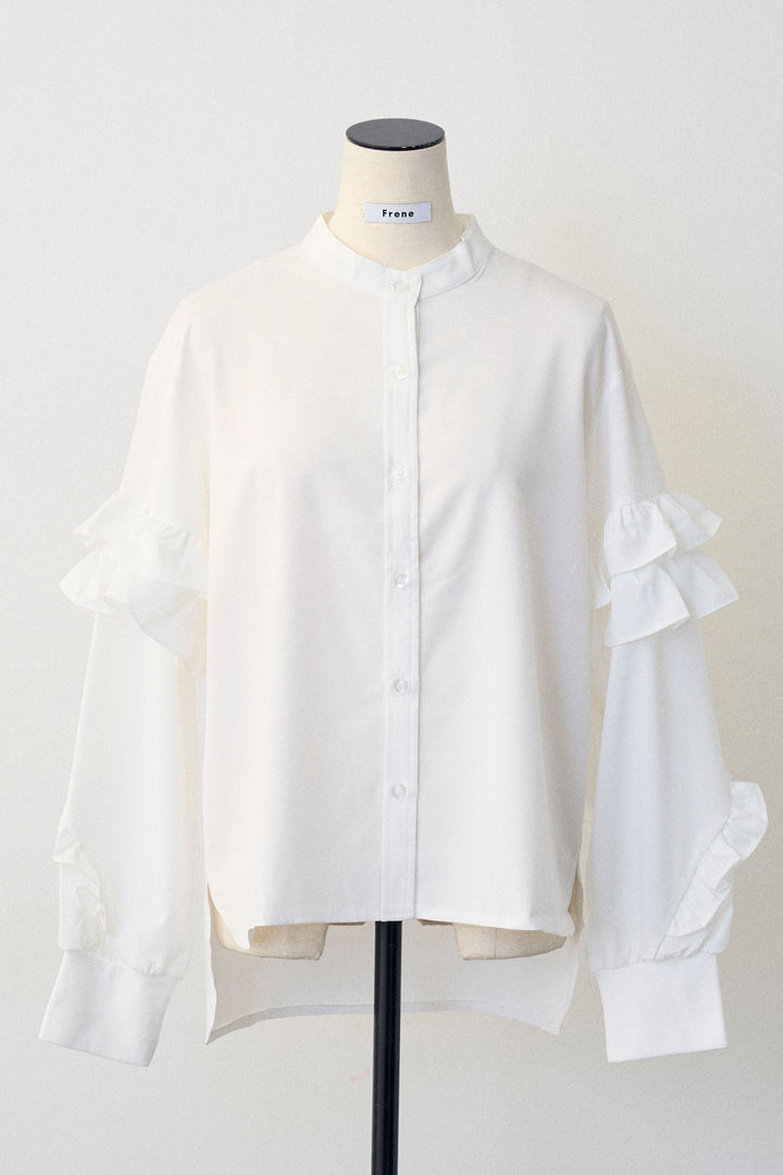[予約]スタンドカラーラッフルフリルスリーブブラウス