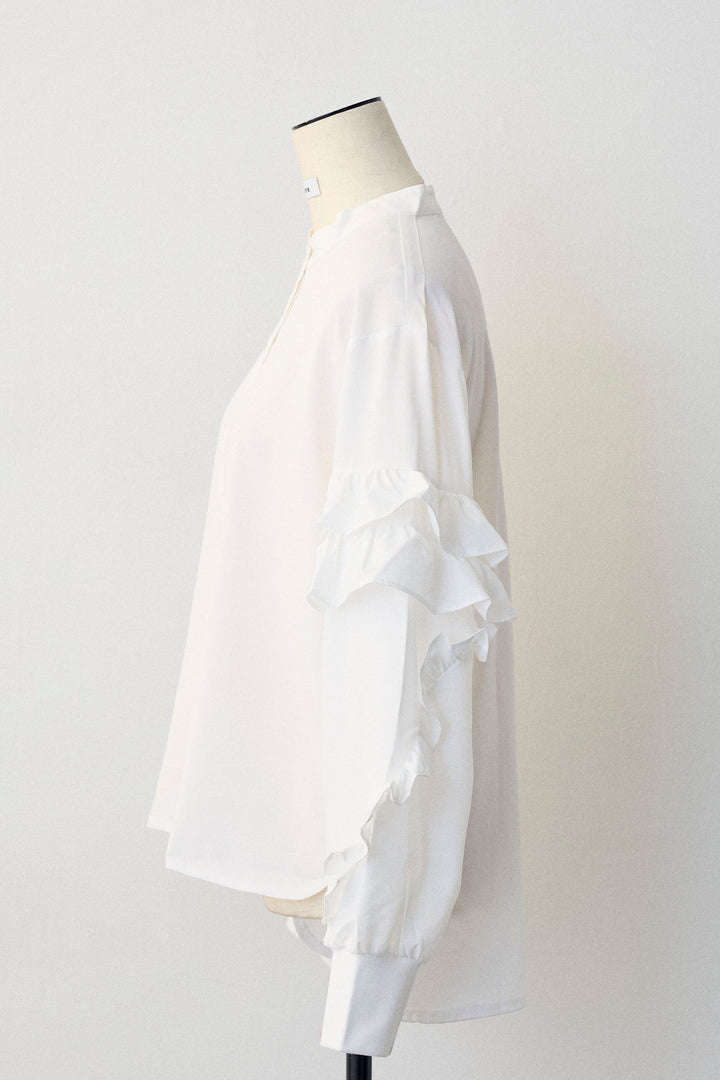 [予約]スタンドカラーラッフルフリルスリーブブラウス