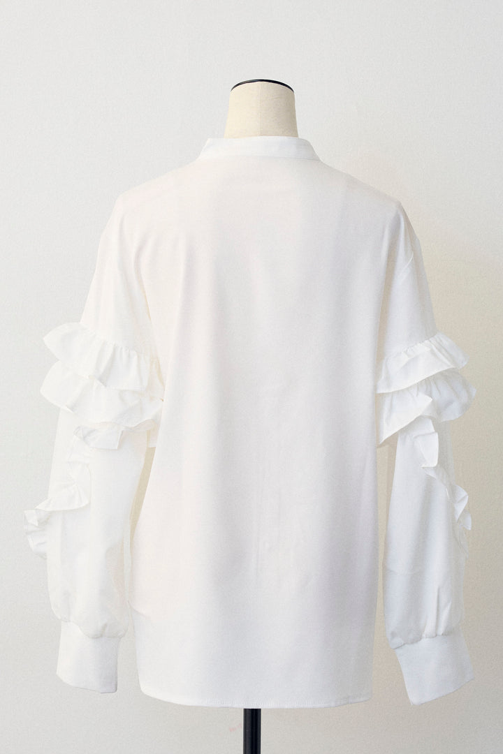 [予約]スタンドカラーラッフルフリルスリーブブラウス