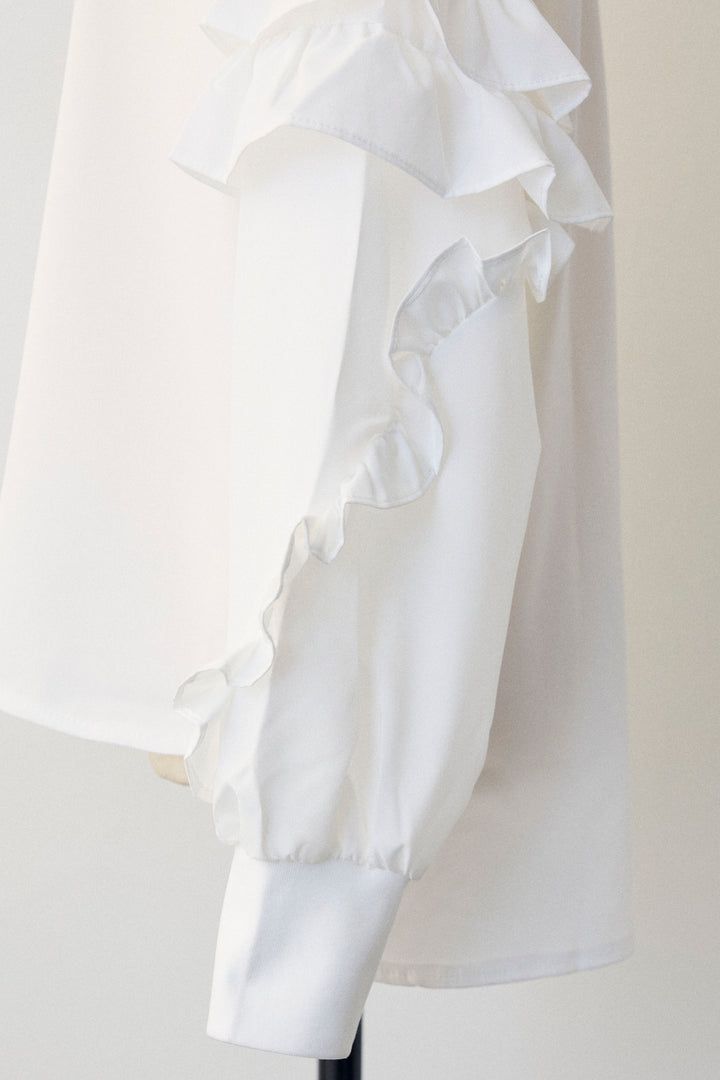 [予約]スタンドカラーラッフルフリルスリーブブラウス