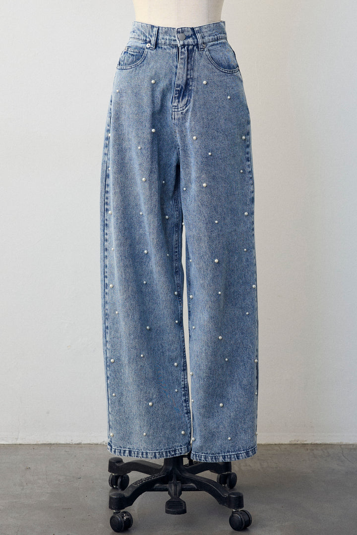 [予約]パールスタッズストレートハイウエストデニム
