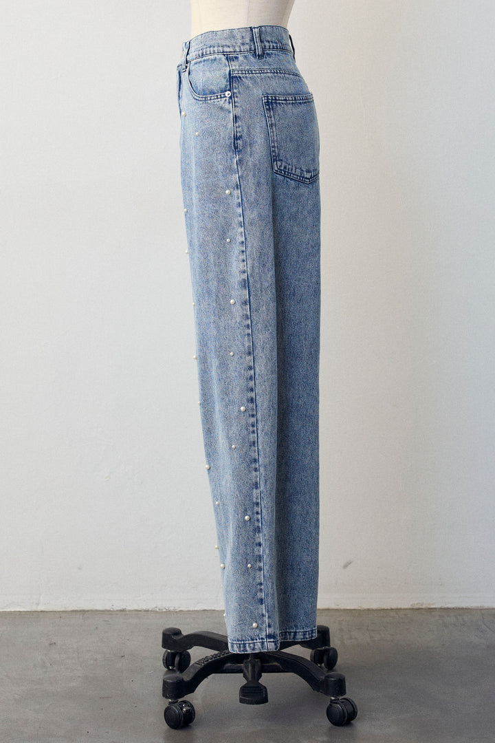 [予約]パールスタッズストレートハイウエストデニム