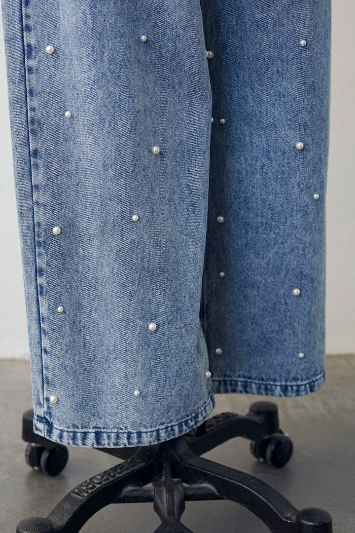 [予約]パールスタッズストレートハイウエストデニム