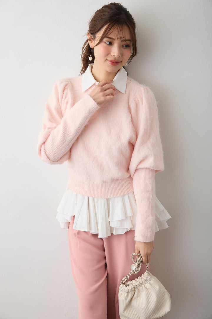 [予約/SET]モヘアパフスリーブプルオーバー+パネルフレアヘムシャツ+とろみドロストワイドパンツ(3set)