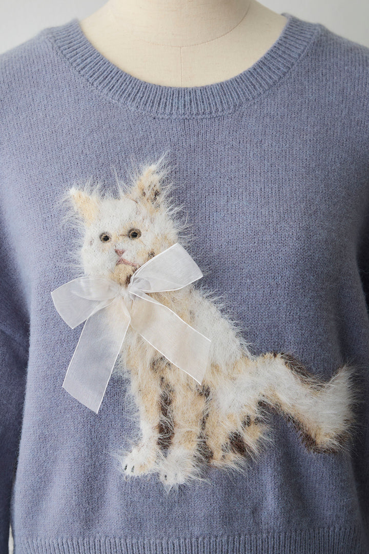 [予約]シャギーリボンキャットモチーフニットPO