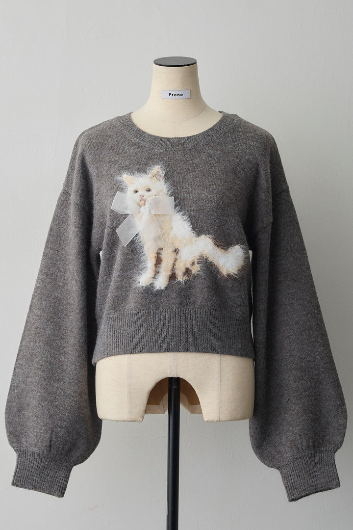 [予約]シャギーリボンキャットモチーフニットPO