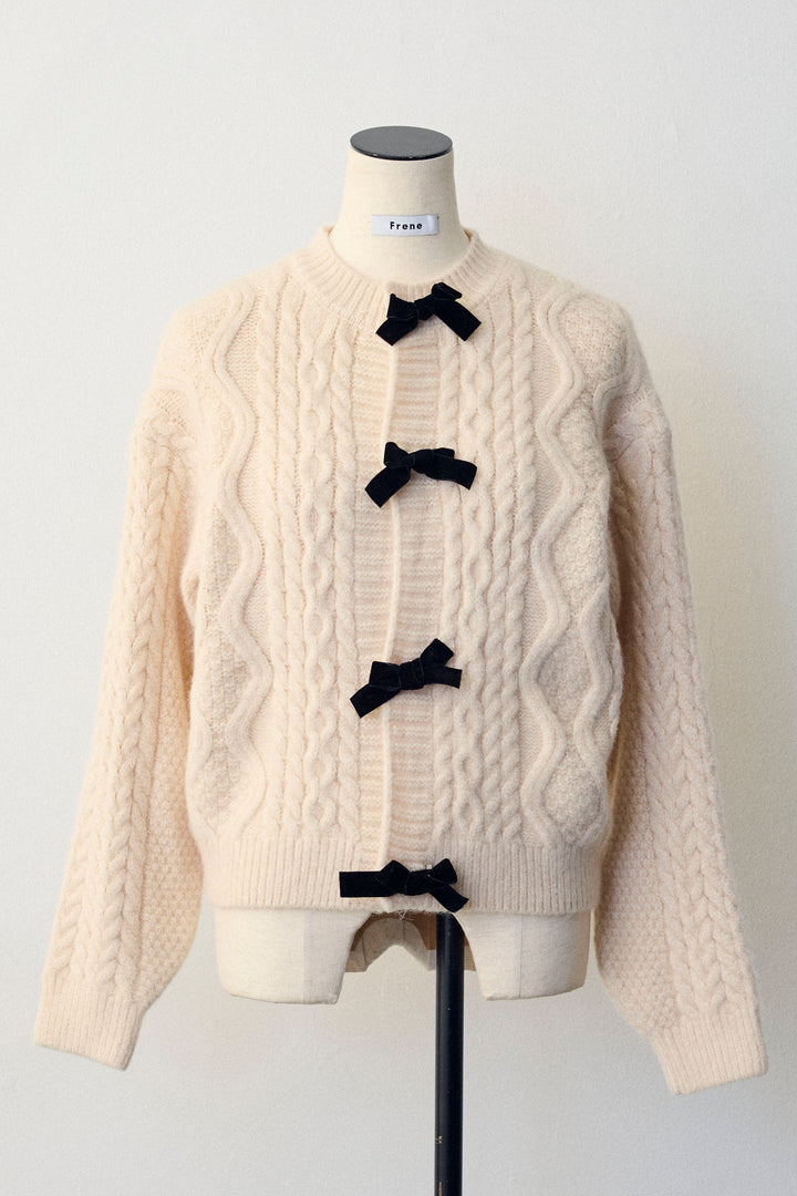 [予約]ベロアリボンケーブルニットカーデ