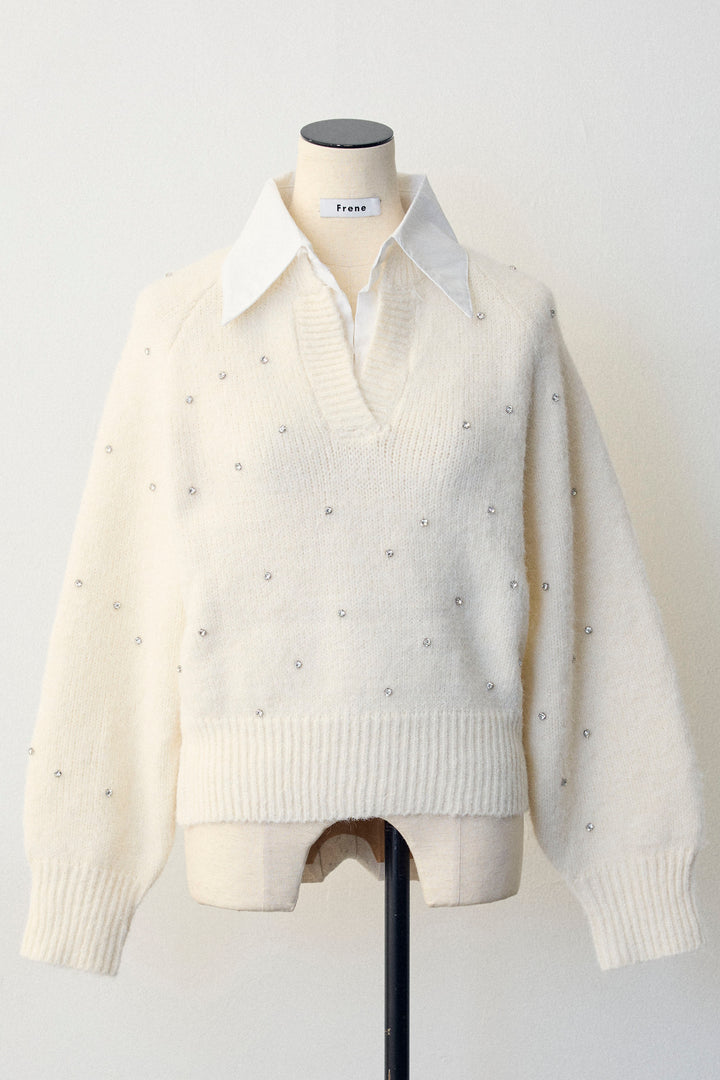 [予約]シャツ襟ラインストーンニットPO