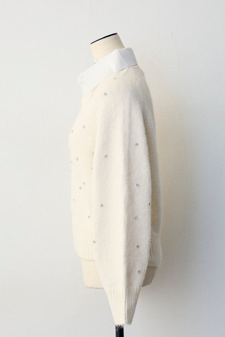 [予約]シャツ襟ラインストーンニットPO