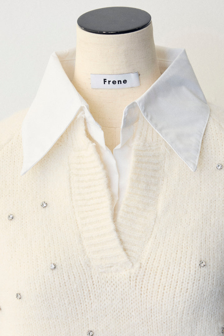 [予約]シャツ襟ラインストーンニットPO