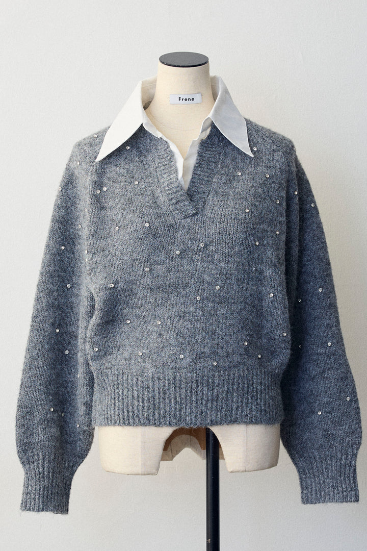 [予約]シャツ襟ラインストーンニットPO