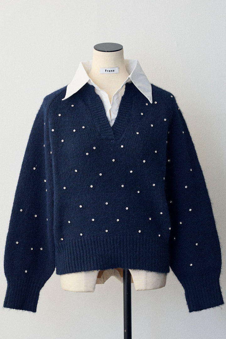 [予約]シャツ襟ラインストーンニットPO