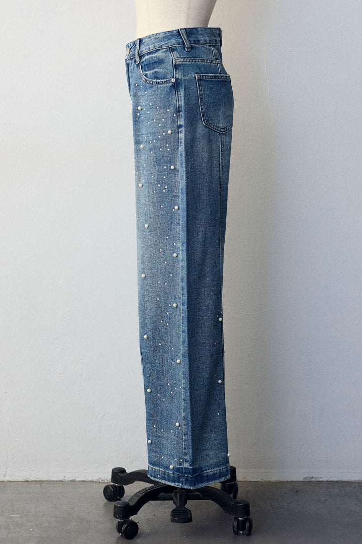 [予約]パールラインストーンハイウエストデニム