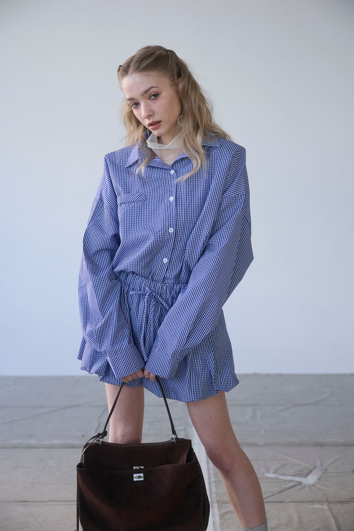 [予約]ギンガムチェックバルーンミニボトムセットアップ