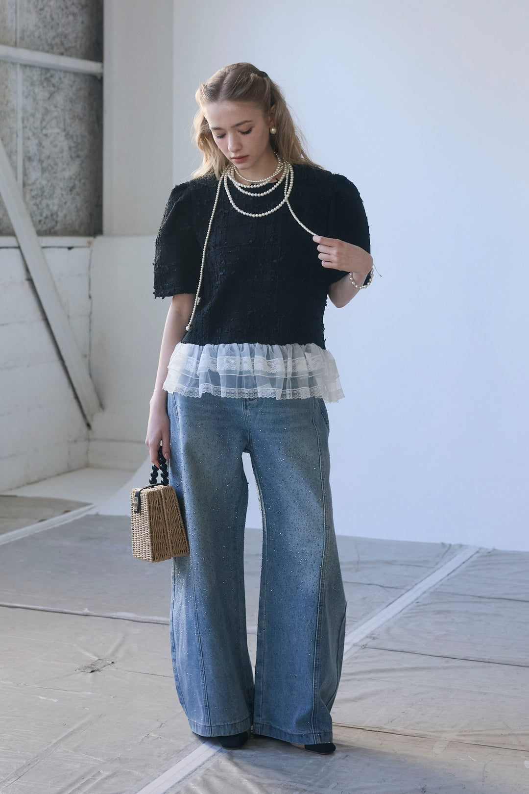 [予約]サマーツイード異素材ドッキングトップス