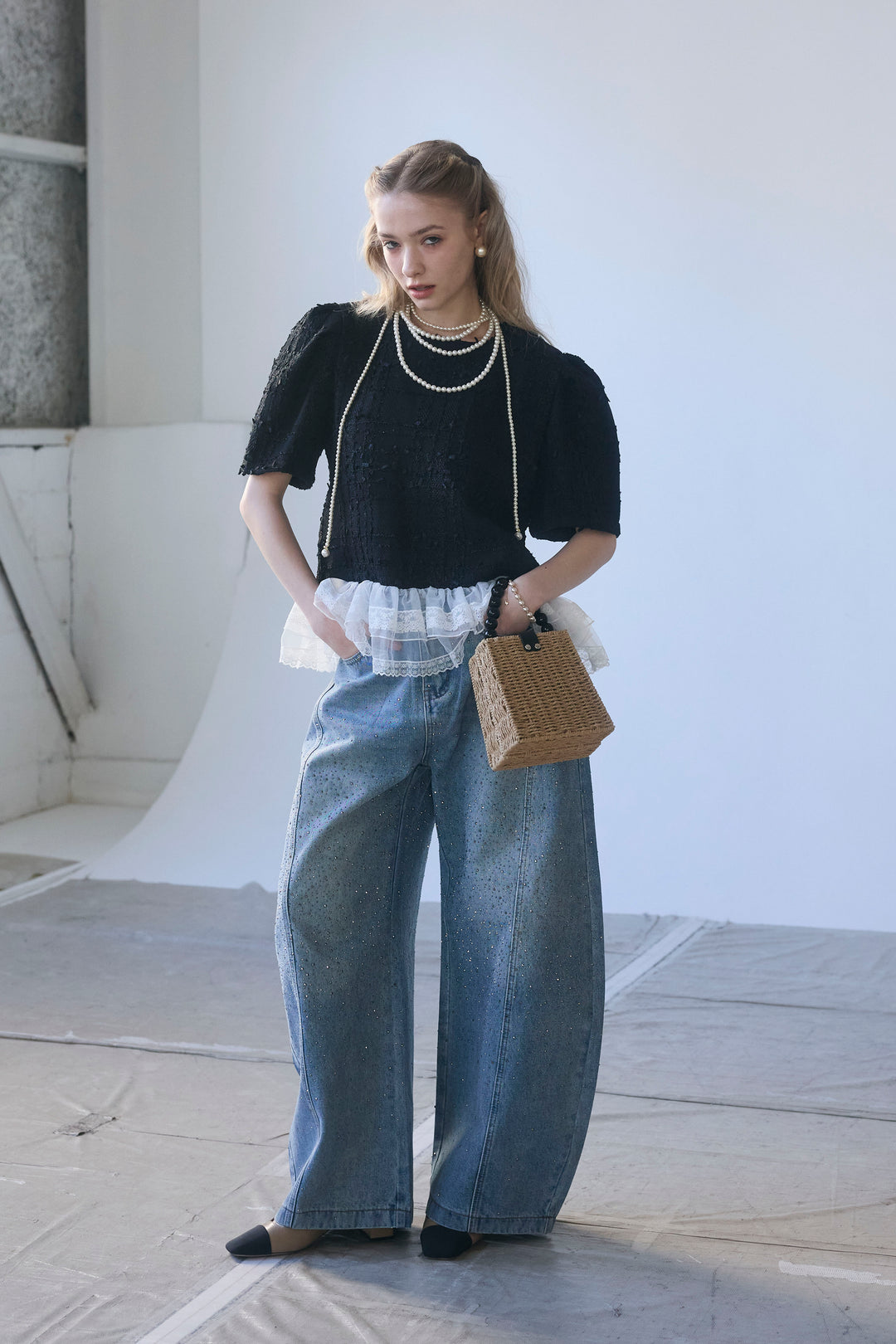 [予約]スパークルラインストーンカーブデニム