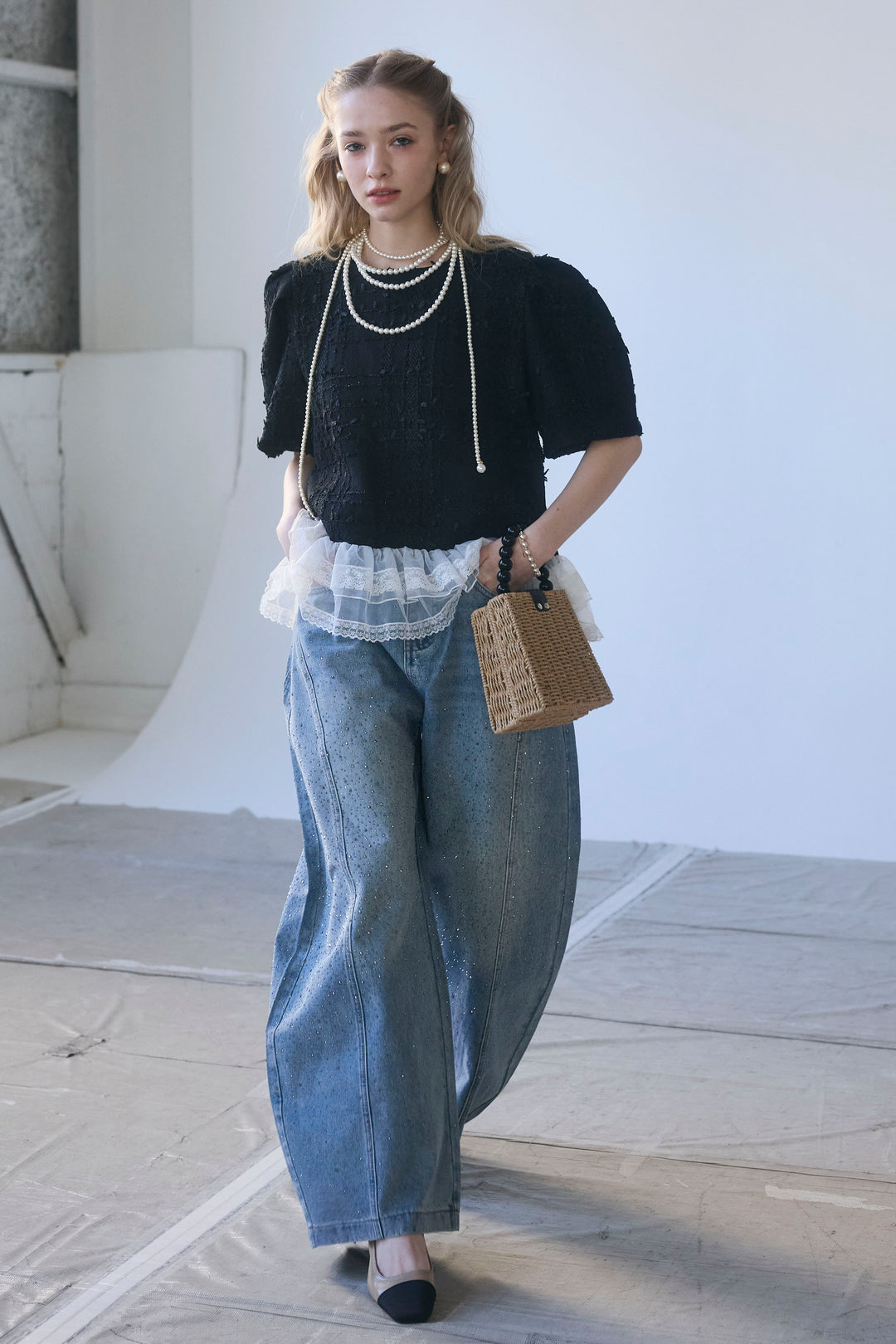 [予約]スパークルラインストーンカーブデニム