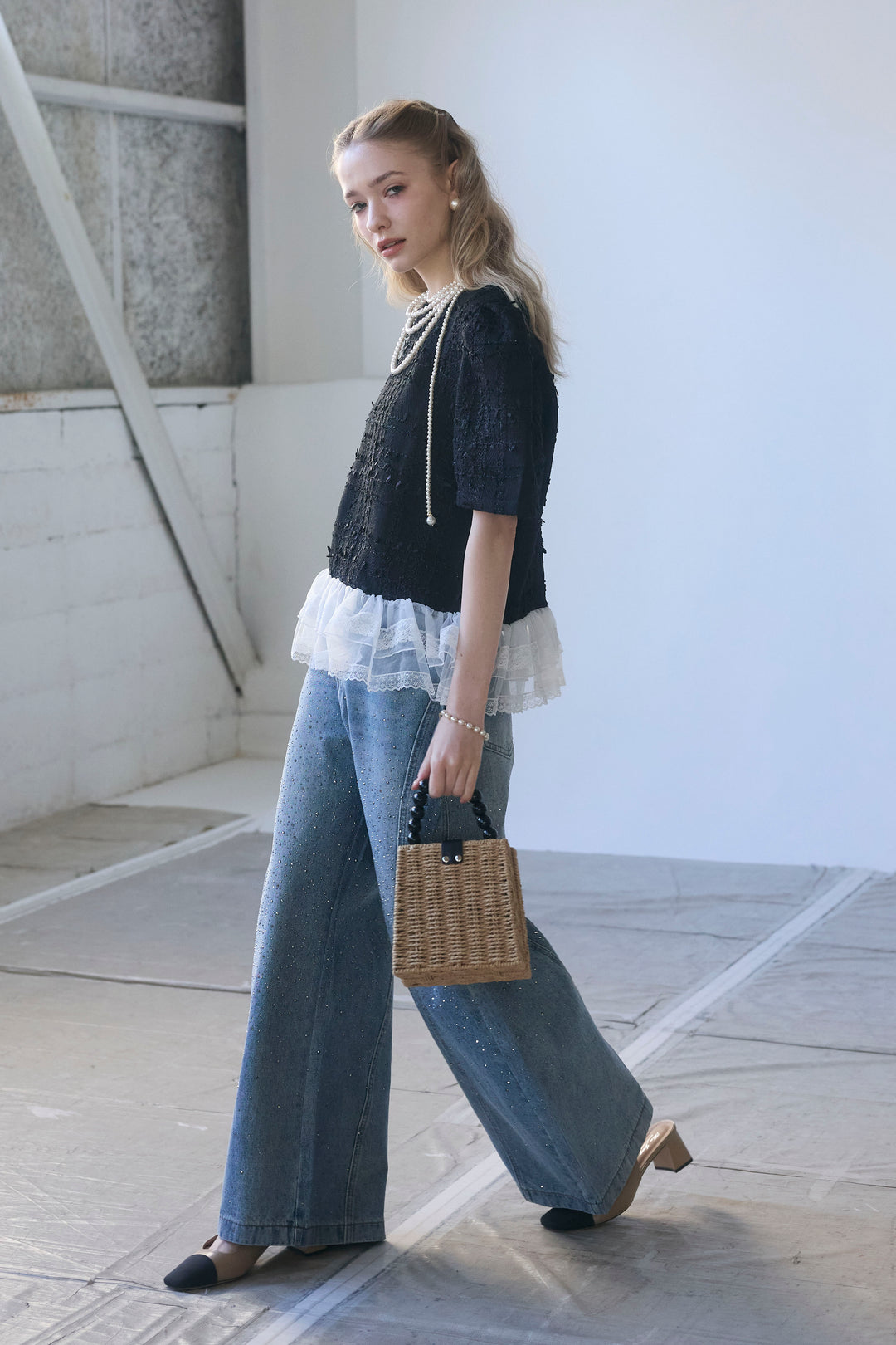 [予約]サマーツイード異素材ドッキングトップス