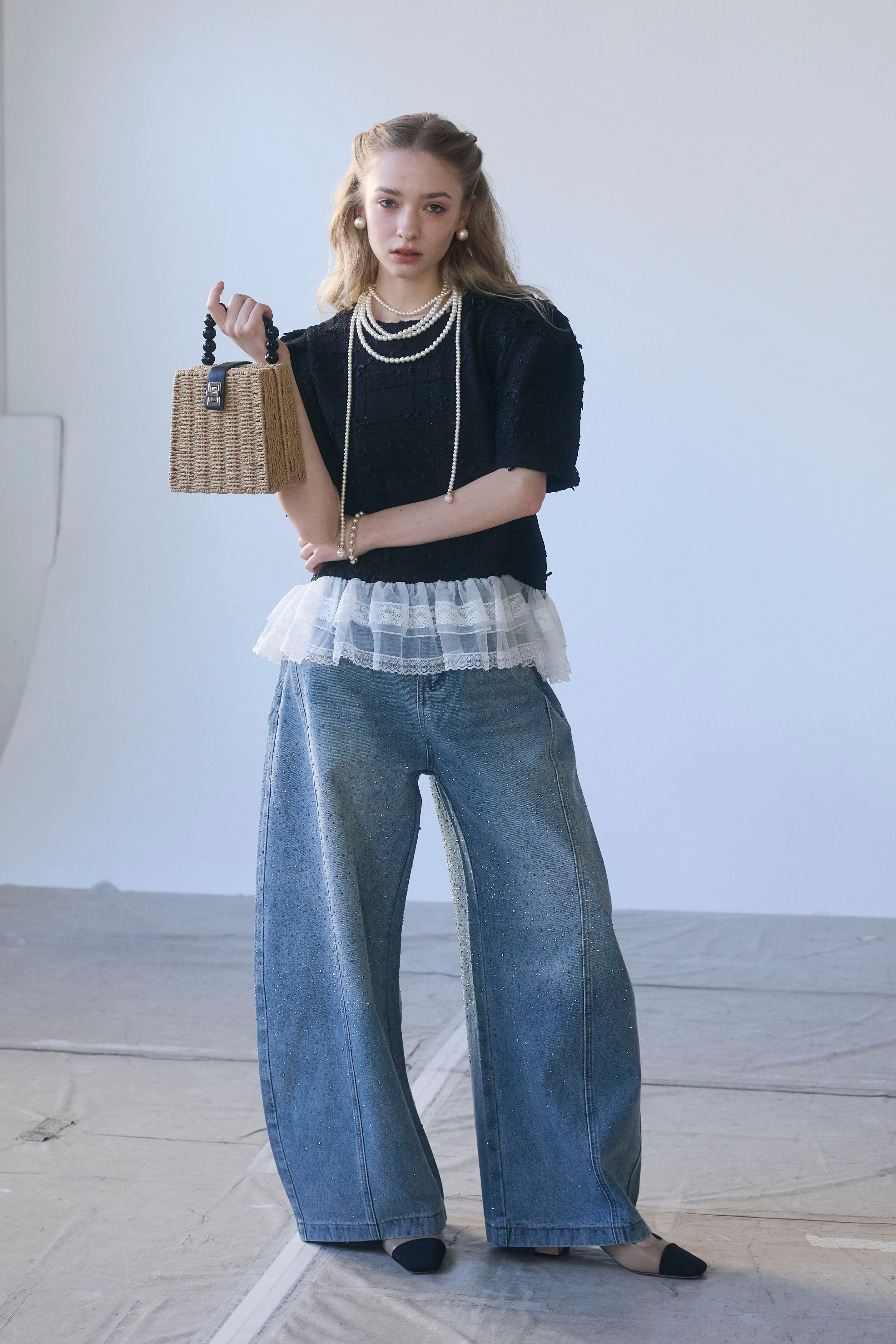 frene ショルダーリブオフショルニット+バックリボンデザインデニムパンツ frene ショルダーリブオフショルニット+バックリボンデザインデニムパンツ