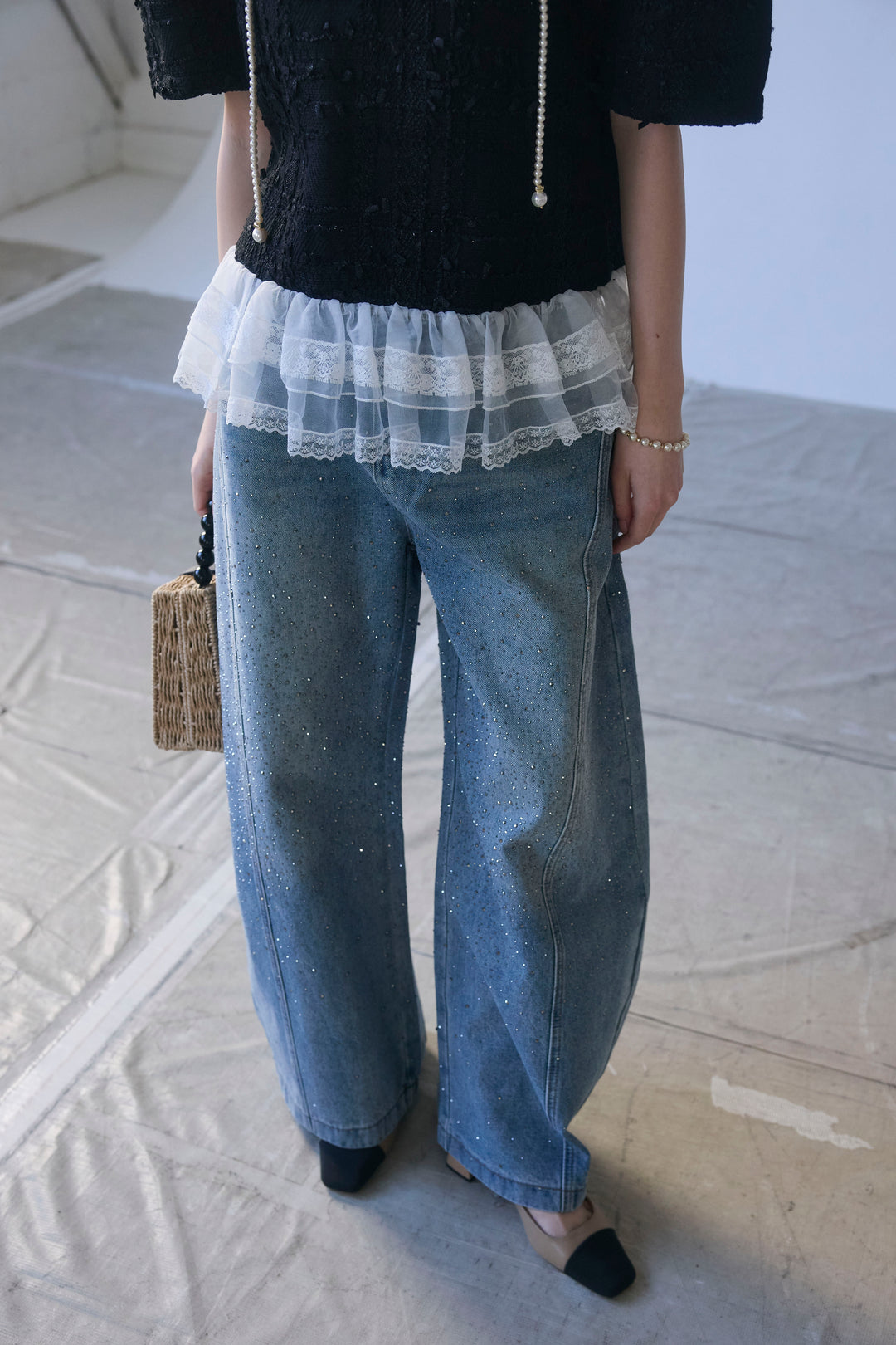 [予約]スパークルラインストーンカーブデニム