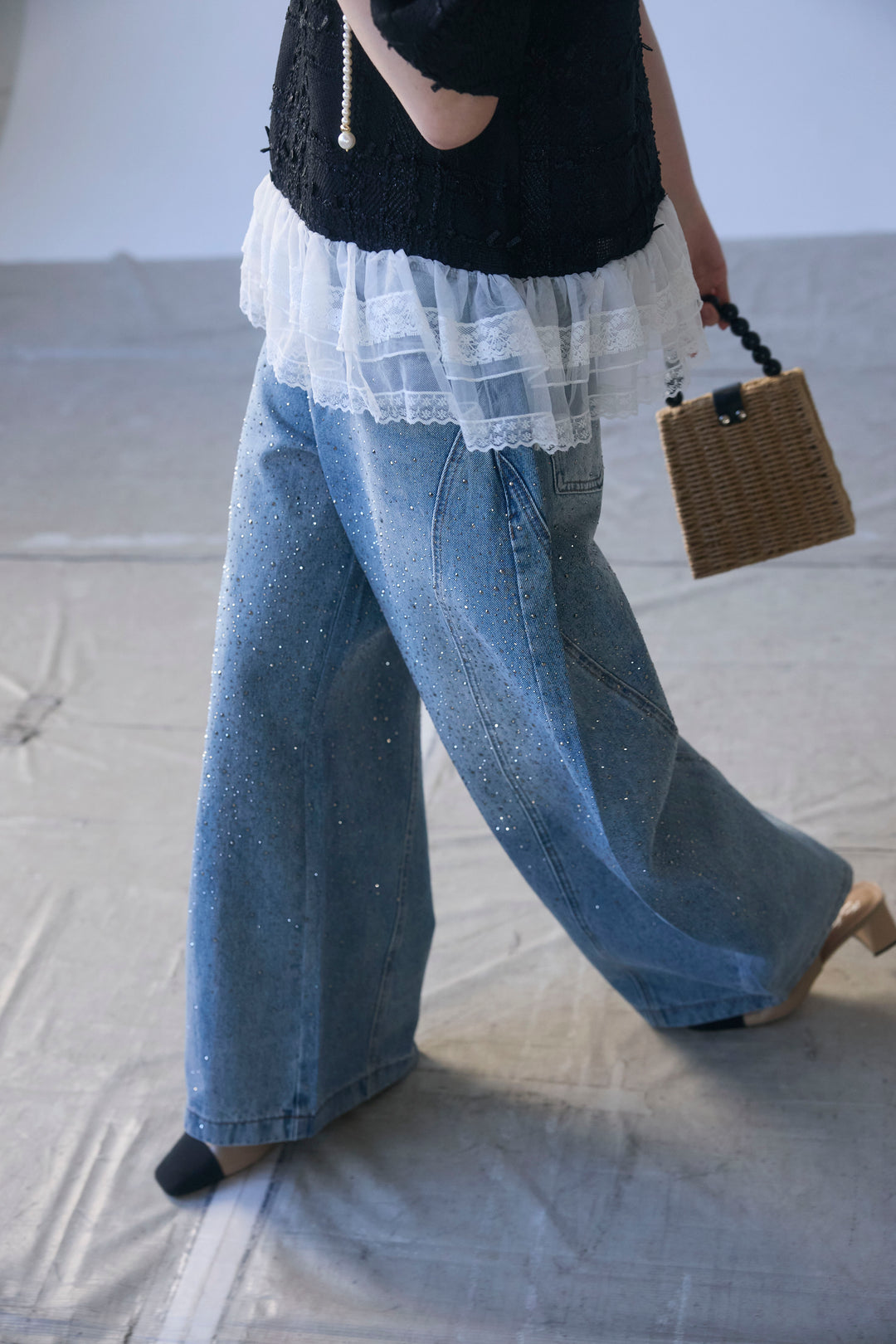 [予約]スパークルラインストーンカーブデニム