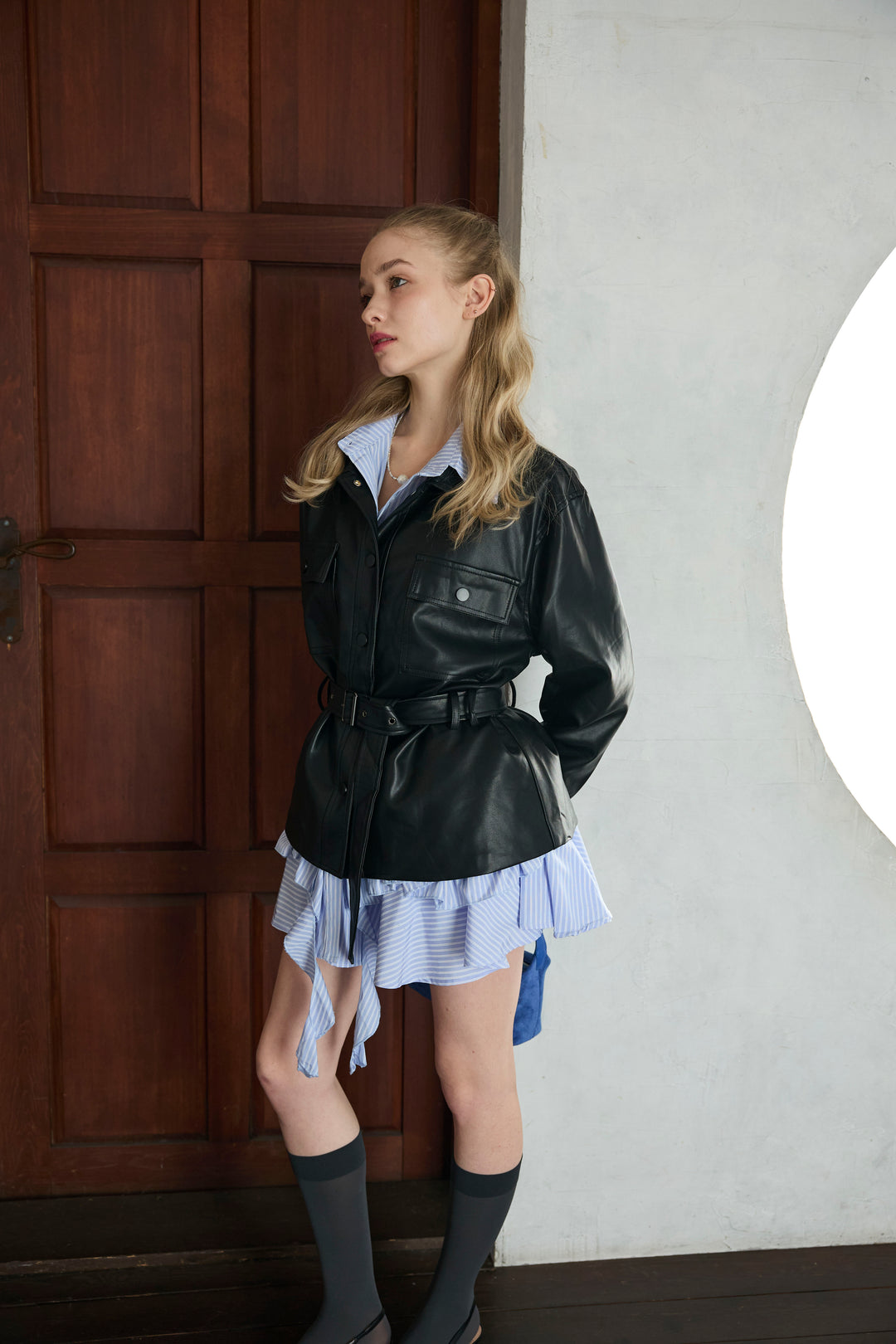 [予約]ストライプフリルヘムシャツチュニック