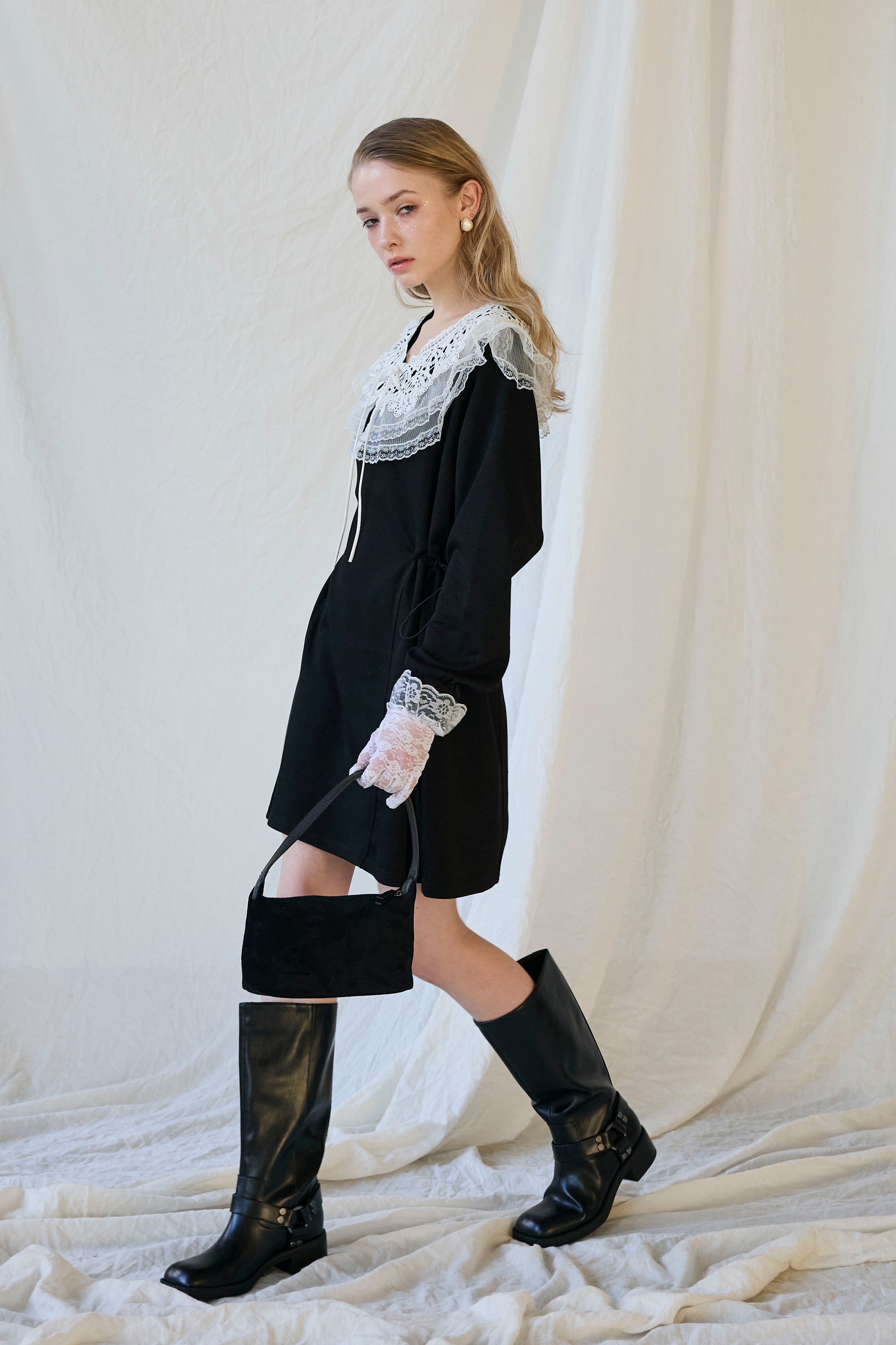 予約]ダブルレースカラーウエストシェイプミニワンピ – Frene