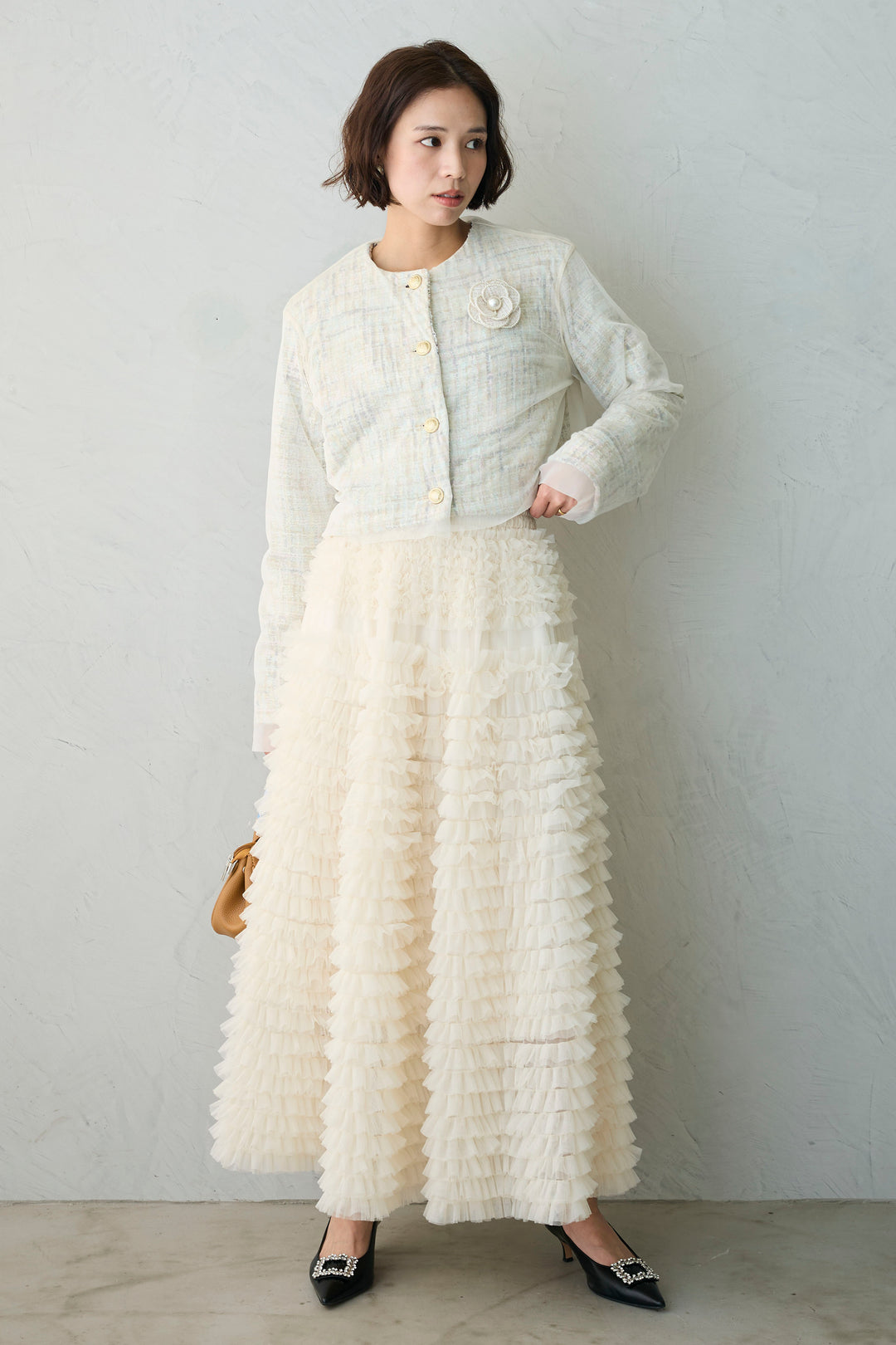 [予約/SET]ツイード×チュールレイヤードクロップドジャケット+ホイップチュールティアードスカート(2set)