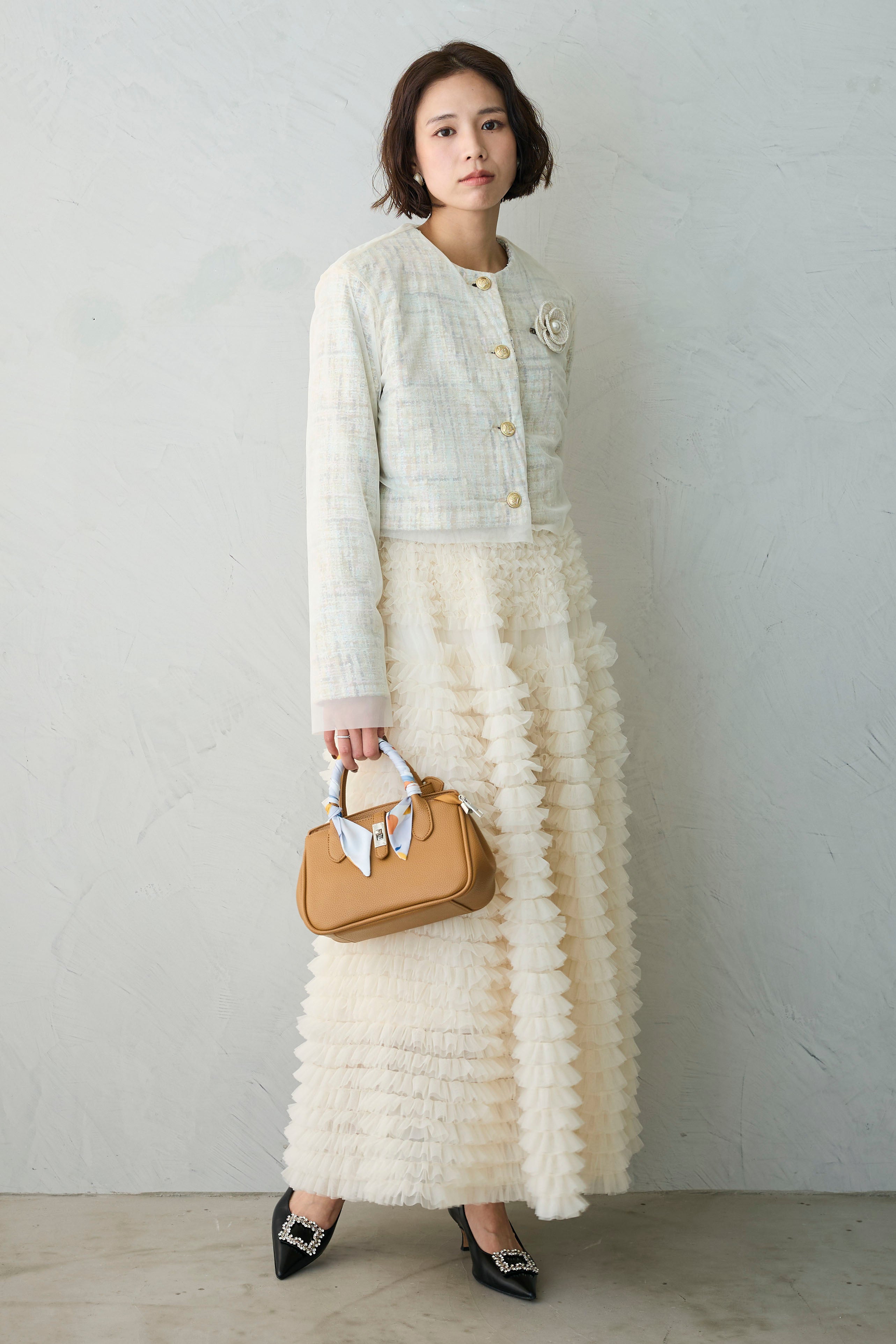 予約/SET]ツイード×チュールレイヤードクロップドジャケット+ホイップ