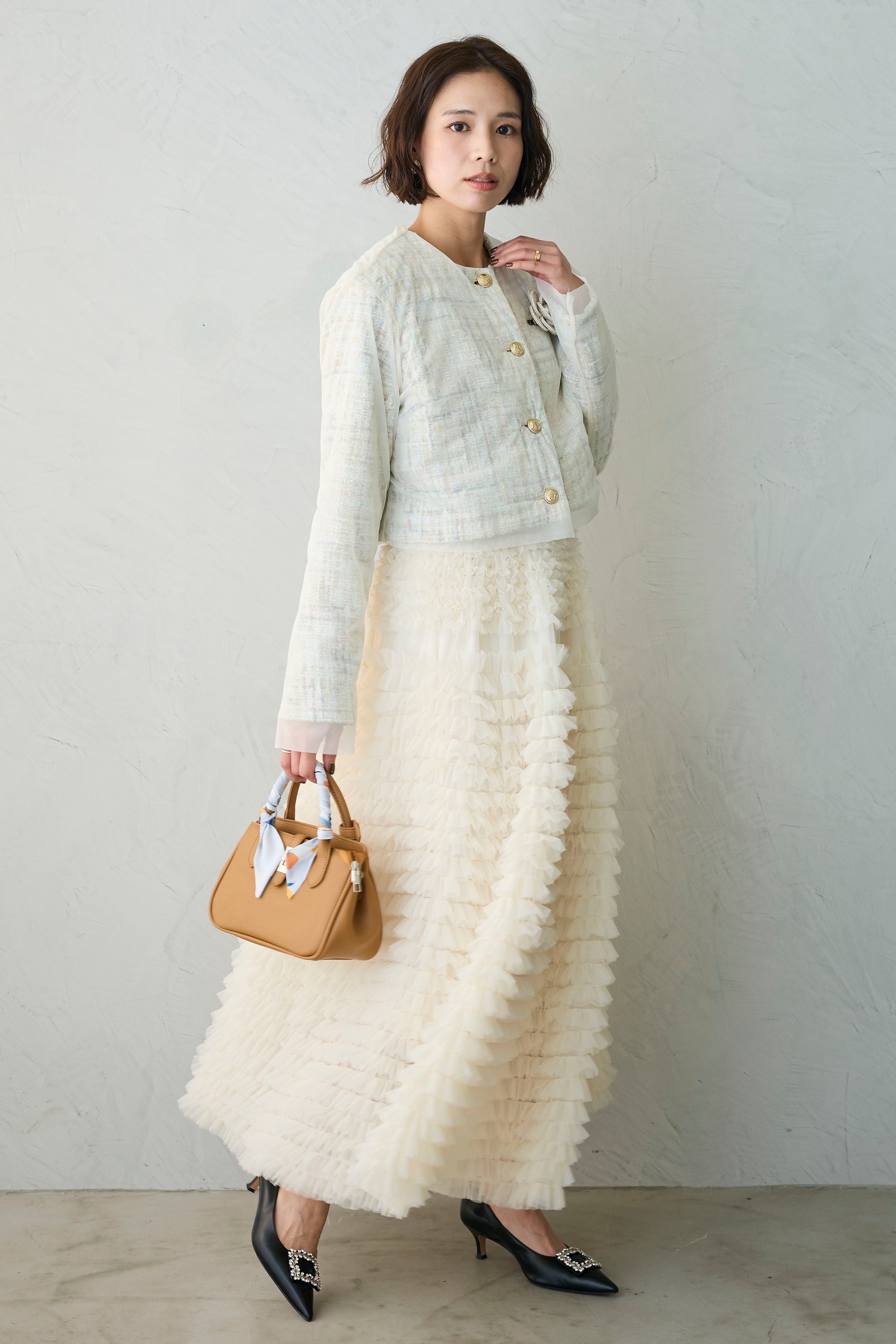 予約/SET]ツイード×チュールレイヤードクロップドジャケット+ホイップ