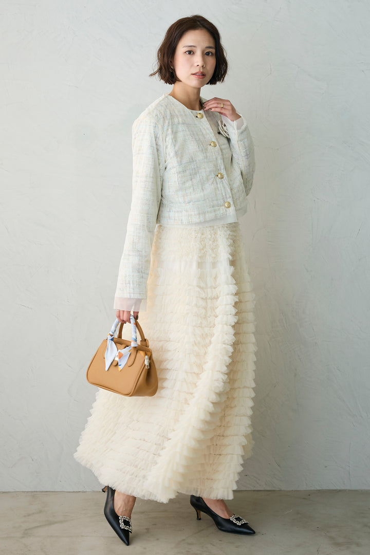 [予約/SET]ツイード×チュールレイヤードクロップドジャケット+ホイップチュールティアードスカート(2set)