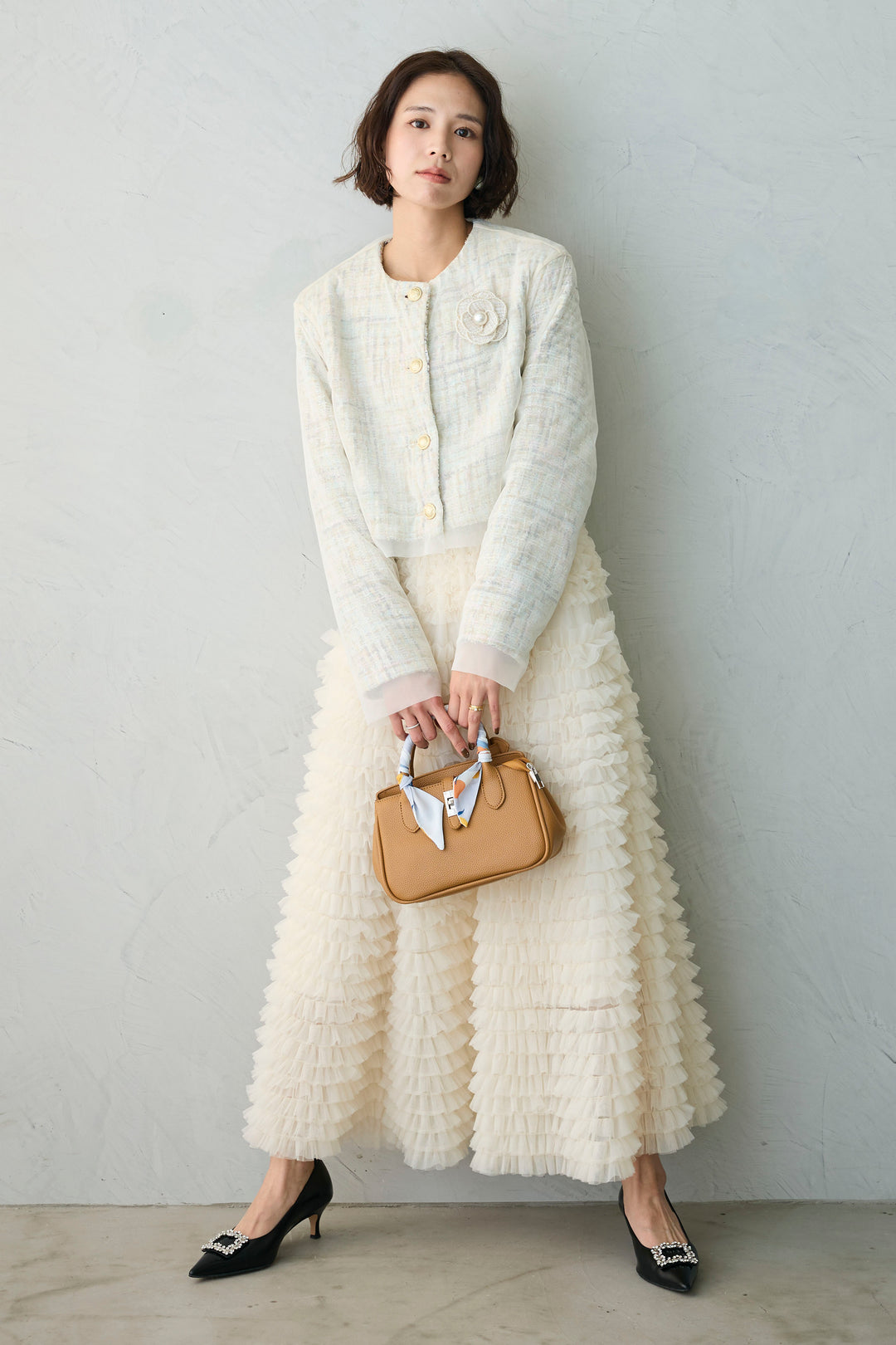 [予約/SET]ツイード×チュールレイヤードクロップドジャケット+ホイップチュールティアードスカート(2set)