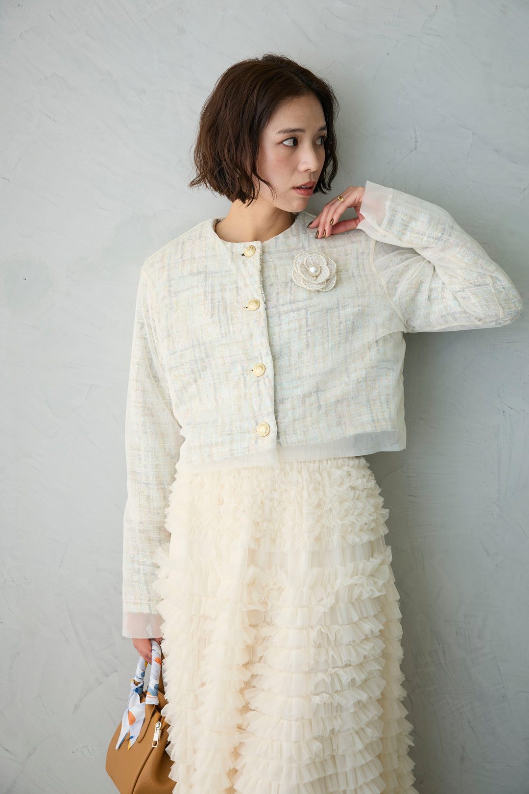 [予約/SET]ツイード×チュールレイヤードクロップドジャケット+ホイップチュールティアードスカート(2set)