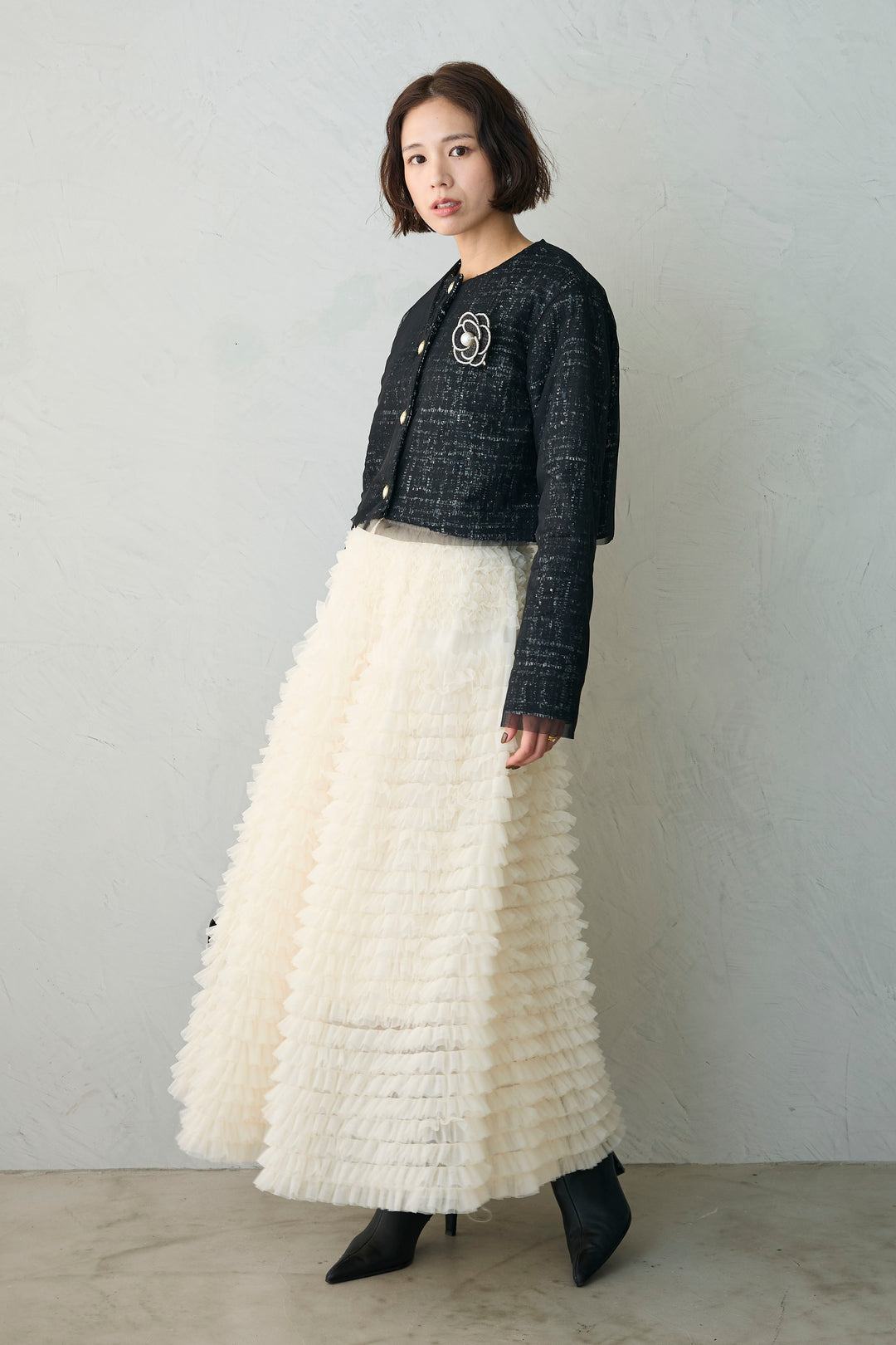 [予約/SET]ツイード×チュールレイヤードクロップドジャケット+ホイップチュールティアードスカート(2set)
