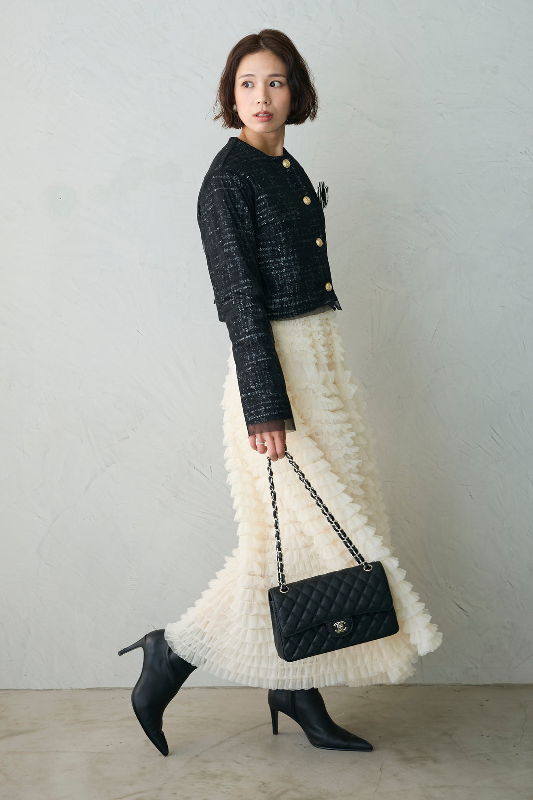 [予約/SET]ツイード×チュールレイヤードクロップドジャケット+ホイップチュールティアードスカート(2set)