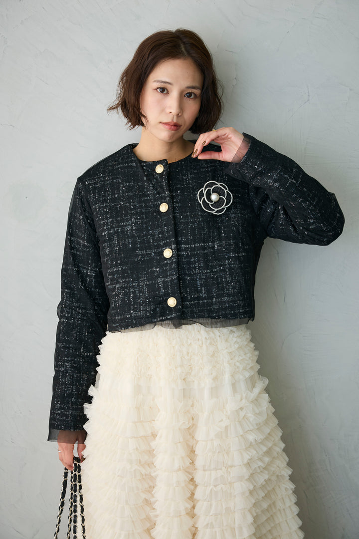 [予約/SET]ツイード×チュールレイヤードクロップドジャケット+ホイップチュールティアードスカート(2set)