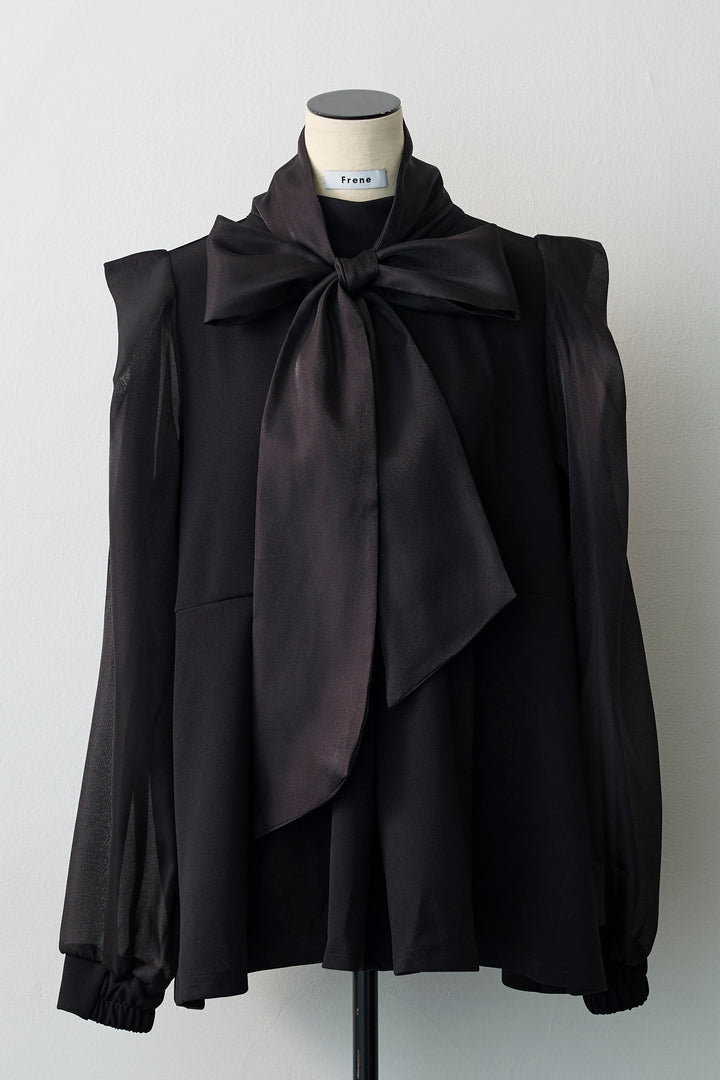 [予約]シアーリボン異素材ドッキングペプラムブラウス