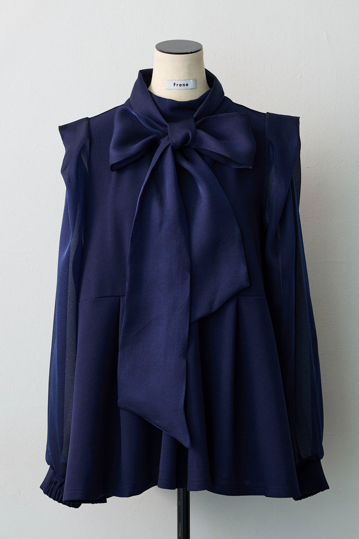 [予約]シアーリボン異素材ドッキングペプラムブラウス