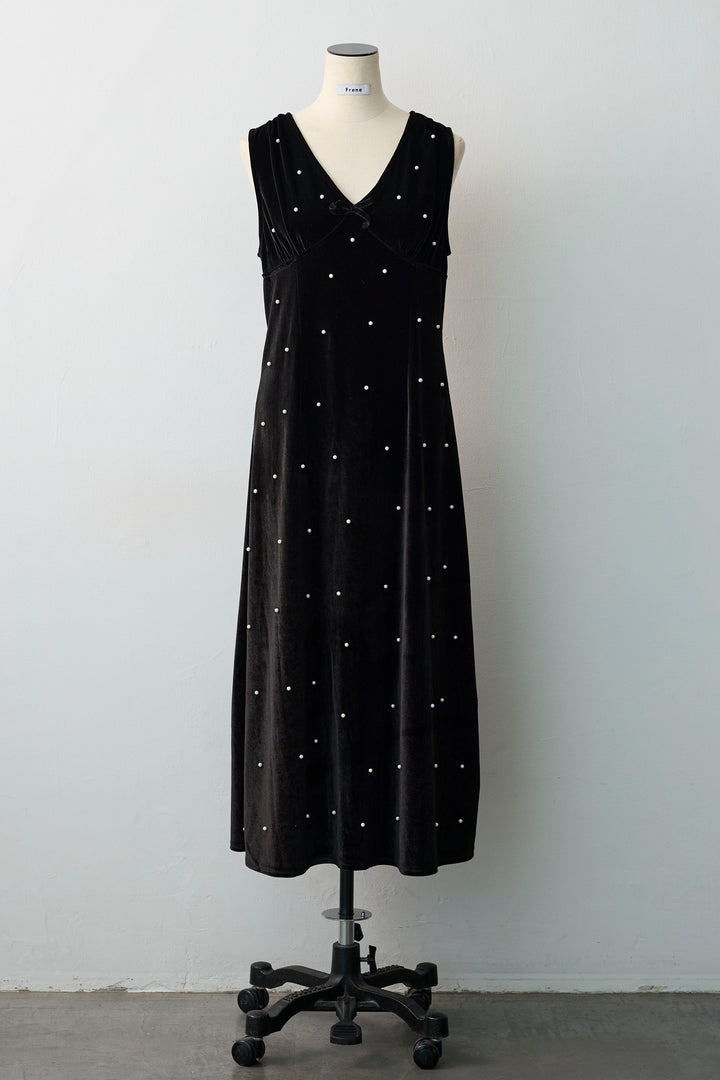 [予約]ベロアパールVネックロングワンピ